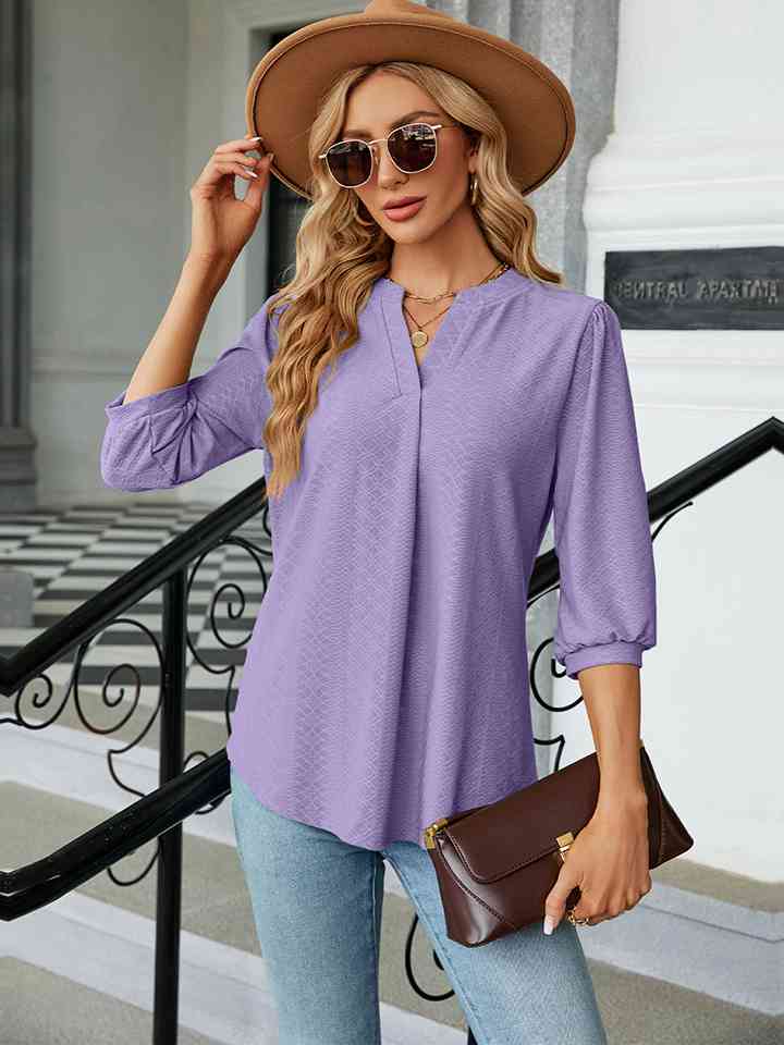 Notched Neck Three-Quarter Sleeve Blouse Women's T-Shirts - Tophatter Daily Deals