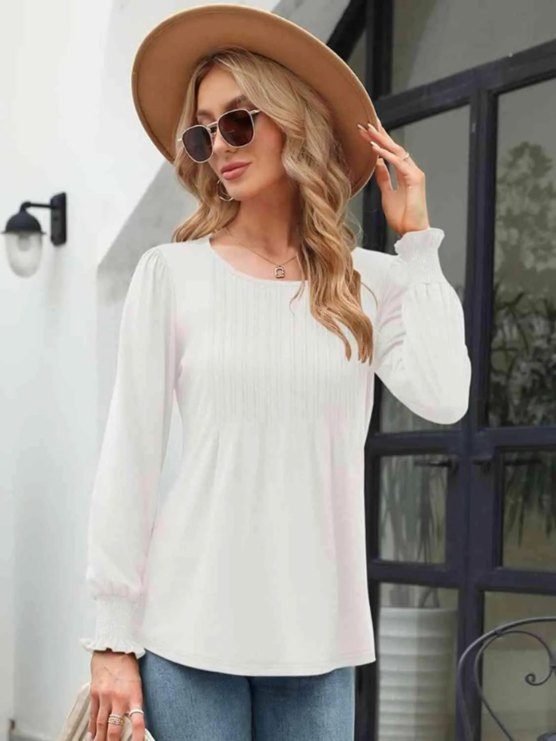 Smocked Round Neck Lantern Sleeve Blouse White Blouses - Tophatter Daily Deals