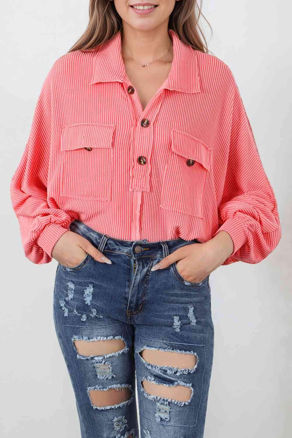 Buttoned Collared Neck Long Sleeve Top Blouses - Tophatter Daily Deals