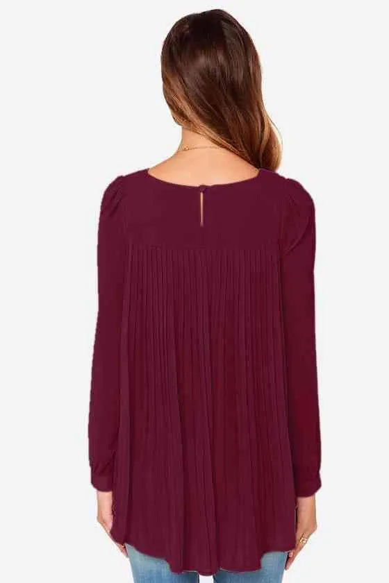 Full Size Round Neck Back Pleated Blouse Blouses - Tophatter Daily Deals
