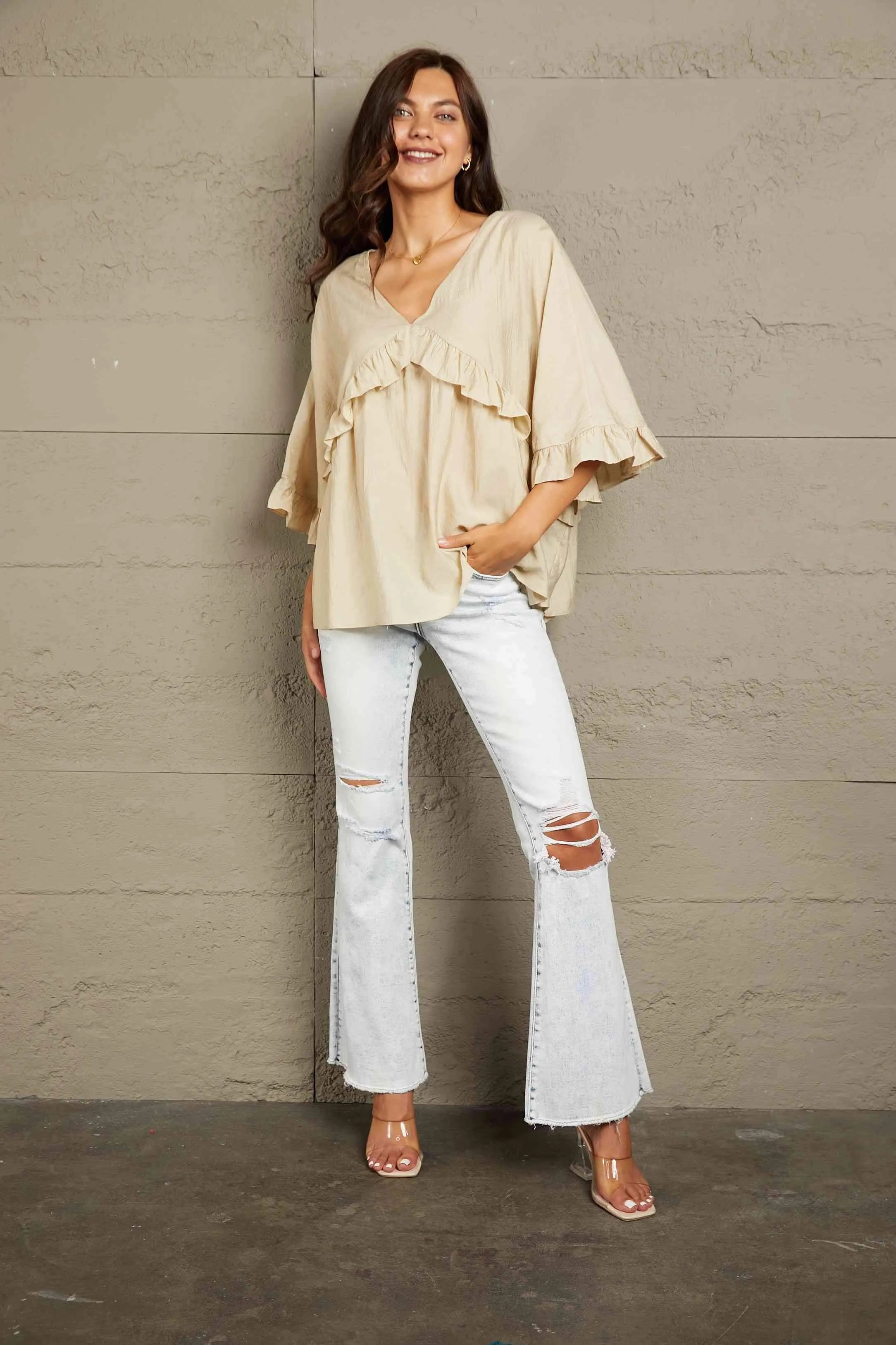 Double Take Ruffled V-Neck Half Sleeve Blouse Blouses - Tophatter Daily Deals