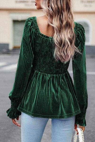 Smocked Ribbed Velvet Babydoll Top Blouses - Tophatter Daily Deals