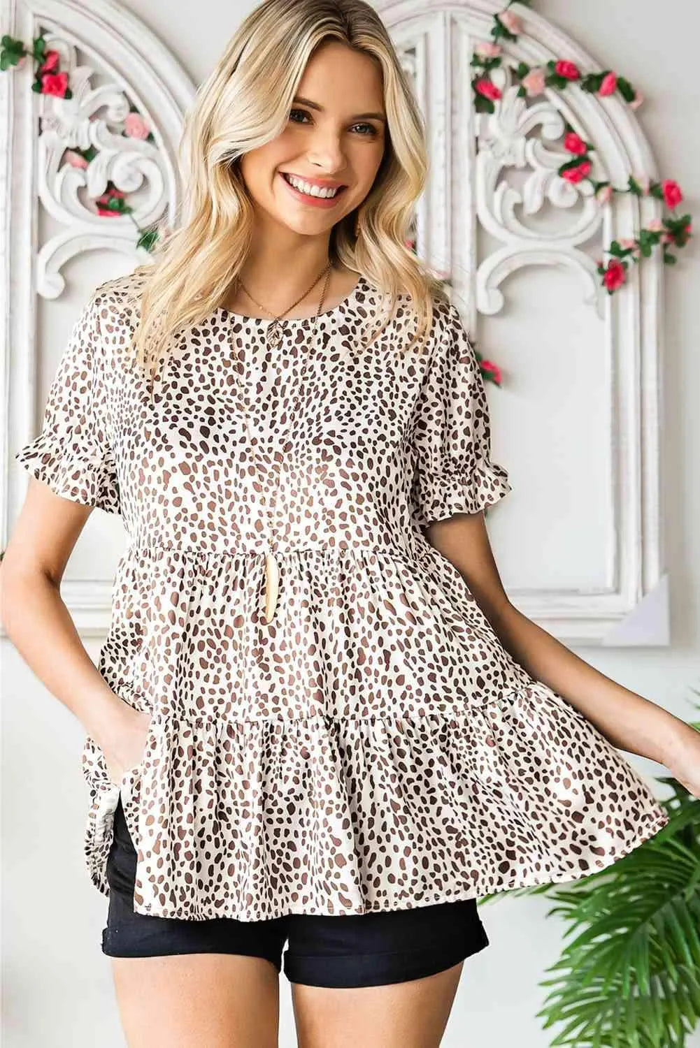 Printed Round Neck Flounce Sleeve Tiered Blouse Blouses - Tophatter Daily Deals