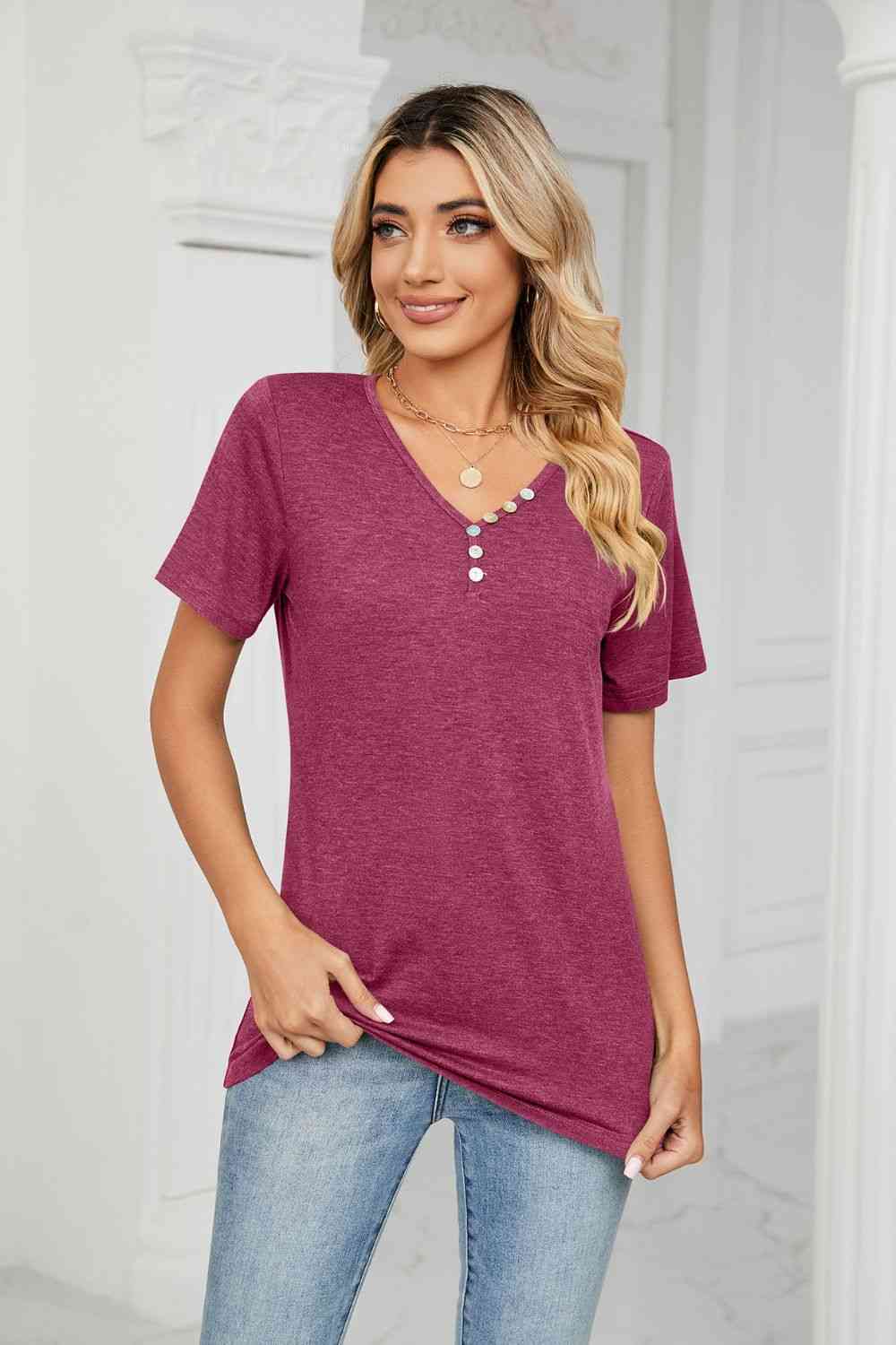 Decorative Button V-Neck T-Shirt Women's T-Shirts - Tophatter Daily Deals