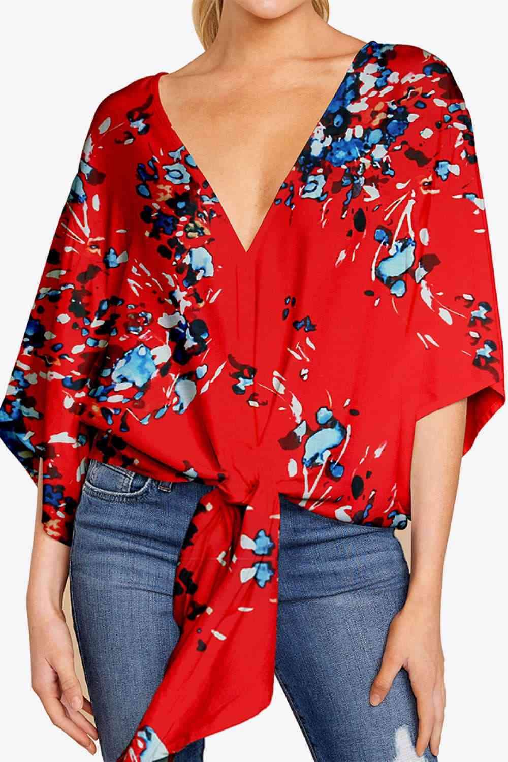 Printed Deep V Tie Hem Blouse Blouses - Tophatter Daily Deals