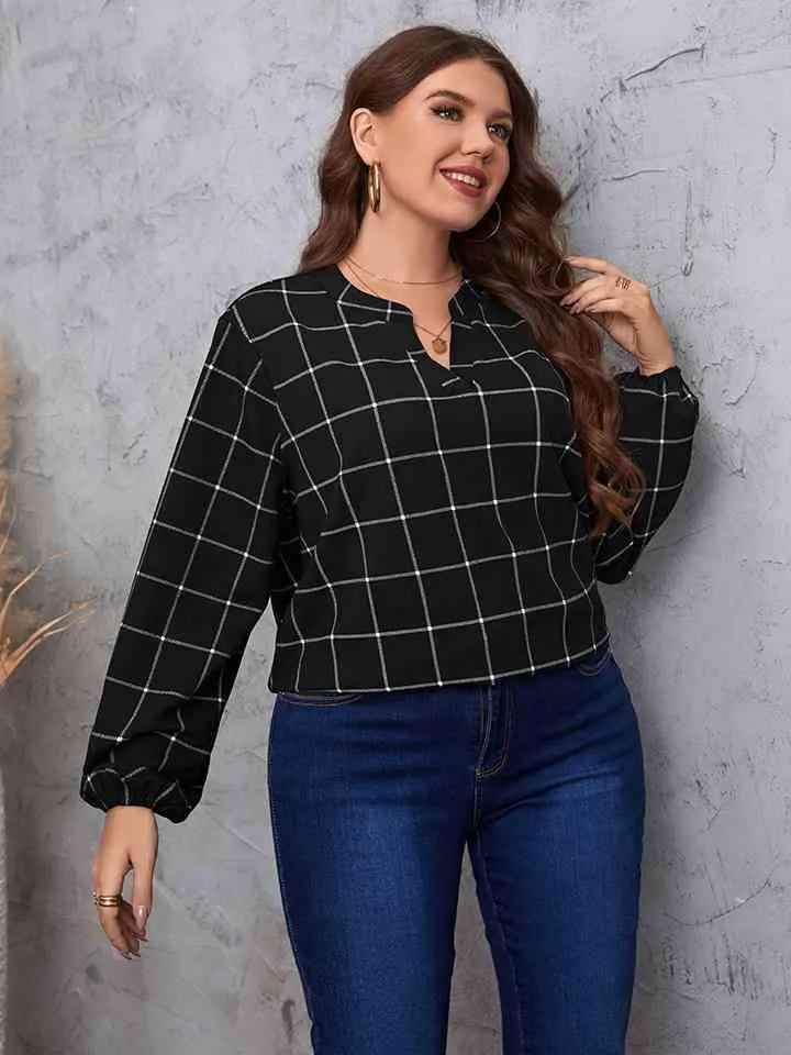 Plus Size Notched Neck Long Sleeve Blouse Blouses - Tophatter Daily Deals