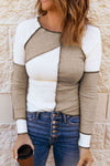 Color Block Exposed Seam Knit Top White Tan Women's T-Shirts - Tophatter Daily Deals