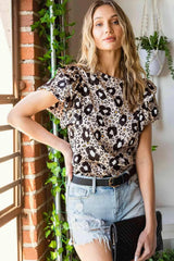 Animal Print Puff Sleeve Round Neck Blouse Blouses - Tophatter Daily Deals