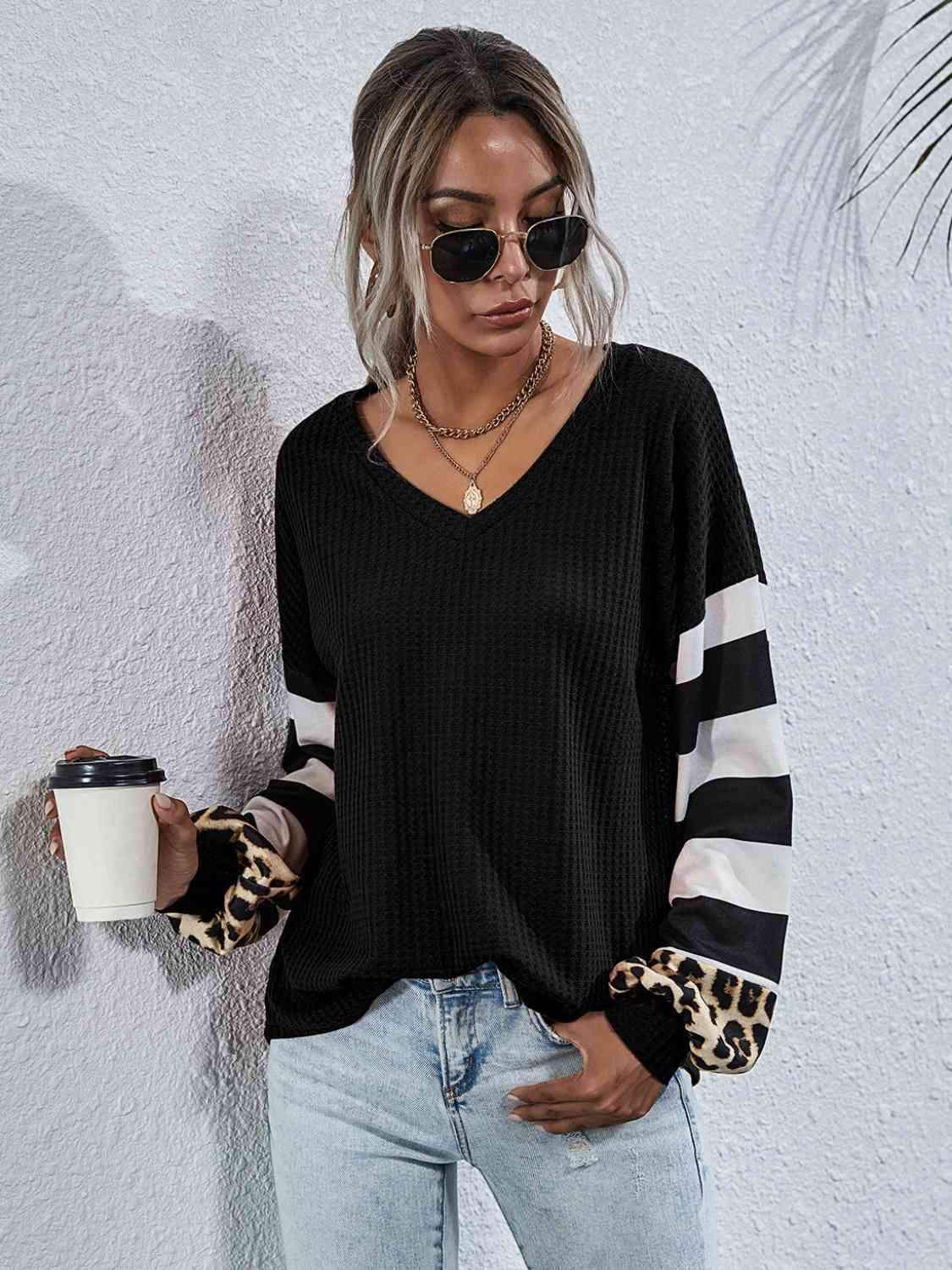 Leopard Striped Waffle-Knit Top Black Blouses - Tophatter Daily Deals