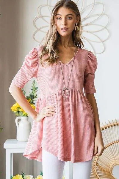 Heimish Full Size Waffle Knit V-Neck Babydoll Top Blouses - Tophatter Daily Deals