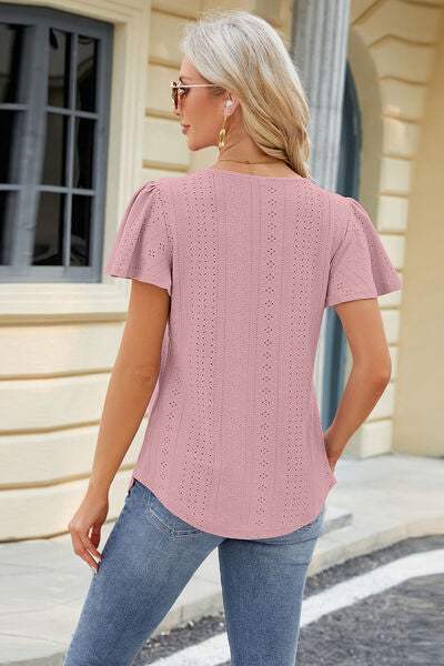 Eyelet Square Neck Short Sleeve T-Shirt Women's T-Shirts - Tophatter Daily Deals