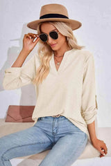V-Neck Roll-Tap Sleeve Blouse Blouses - Tophatter Daily Deals