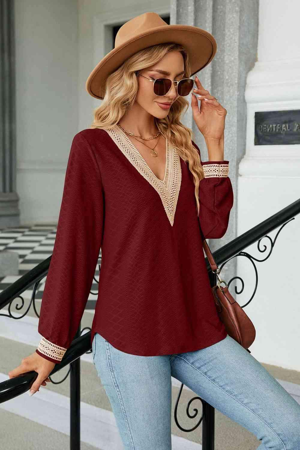 V-Neck Long Sleeve Blouse Blouses - Tophatter Daily Deals