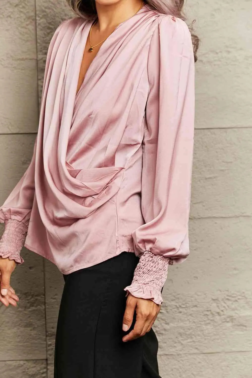 Surplice Neck Ruched Lantern Sleeve Blouse Blouses - Tophatter Daily Deals