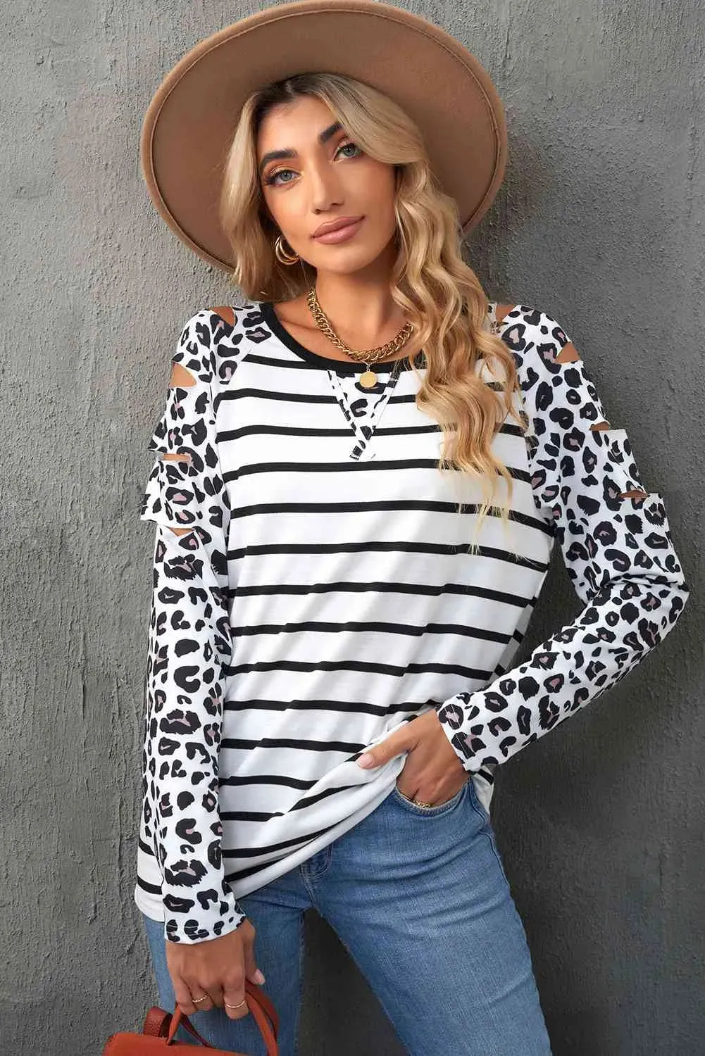 Leopard Print Striped Distressed Long Sleeve Tee White Women's T-Shirts - Tophatter Daily Deals
