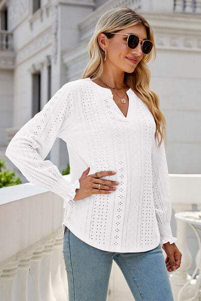 Eyelet Notched Lantern Sleeve T-Shirt Women's T-Shirts - Tophatter Daily Deals