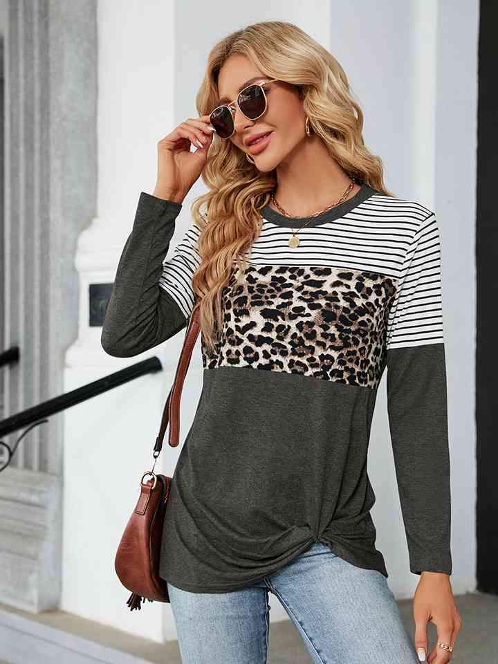 Color Block Round Neck Long Sleeve Blouse Heather Gray Blouses - Tophatter Daily Deals