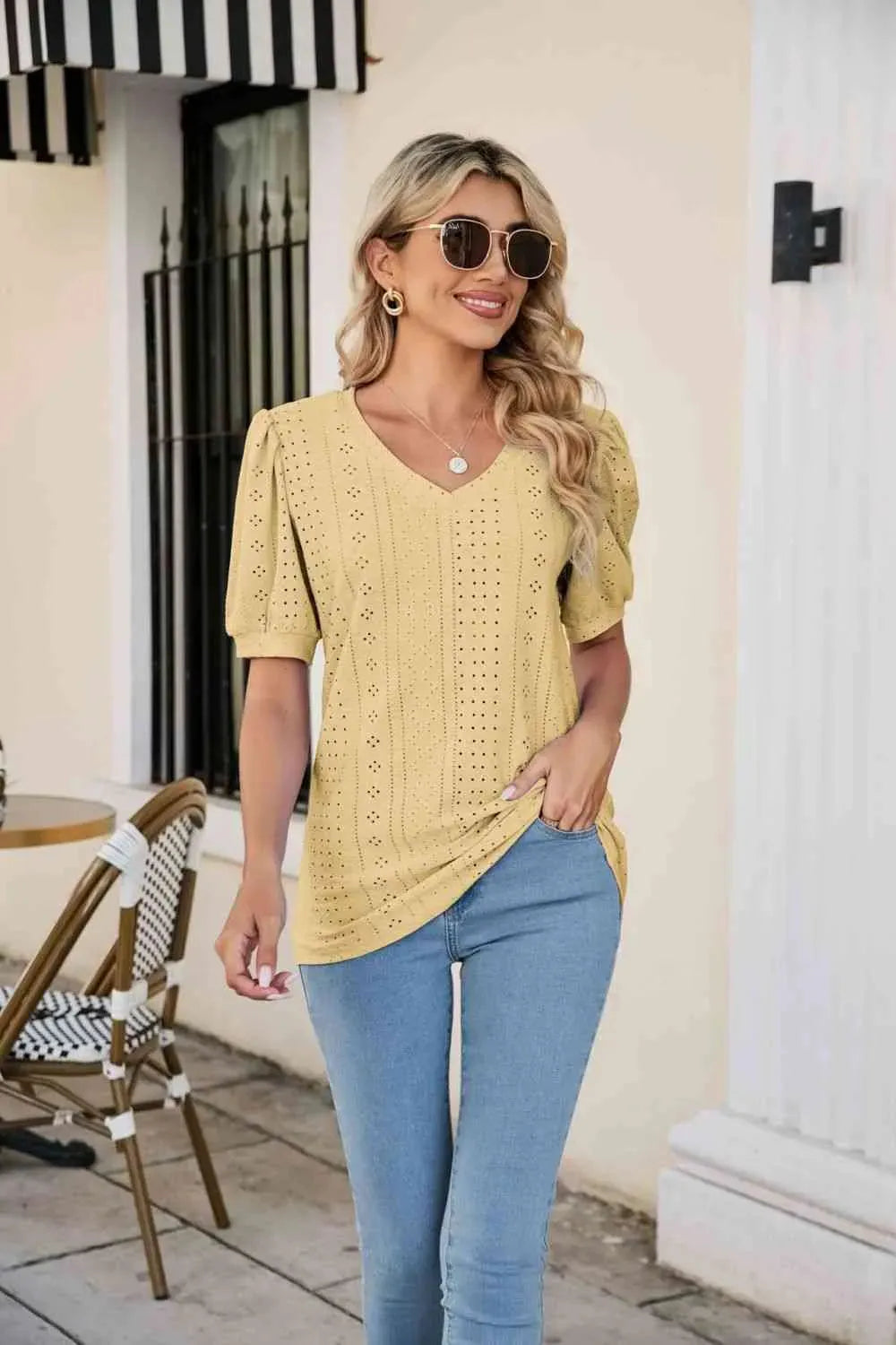 Eyelet Puff Sleeve V-Neck Top Blouses - Tophatter Daily Deals