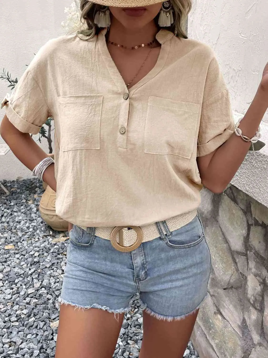 Buttoned Notched Neck Cuffed Sleeve Blouse Beige Blouses - Tophatter Daily Deals