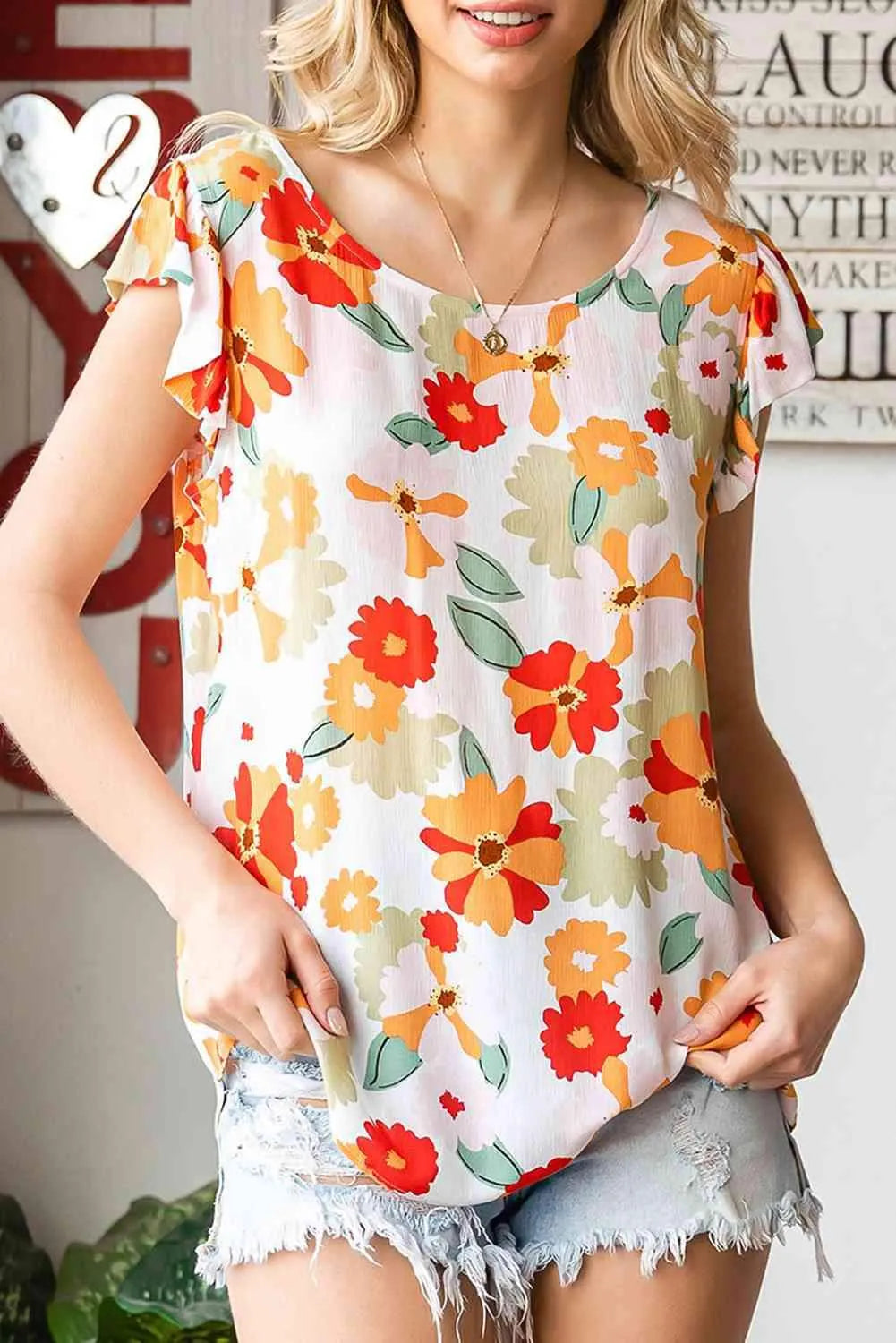 Floral Flutter Sleeve Round Neck Blouse Blouses - Tophatter Daily Deals