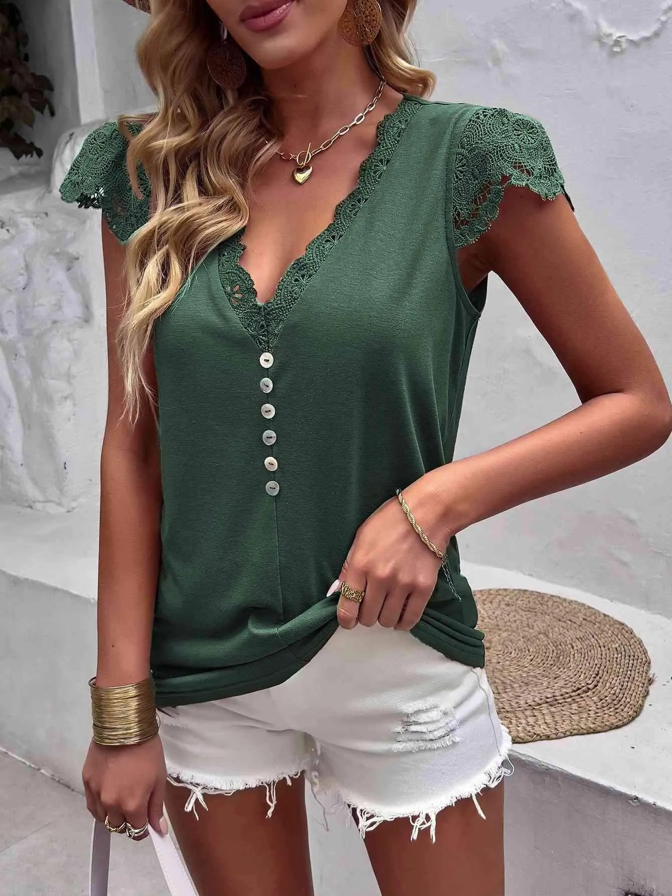 Lace Trim V-Neck Buttoned Top Blouses - Tophatter Daily Deals