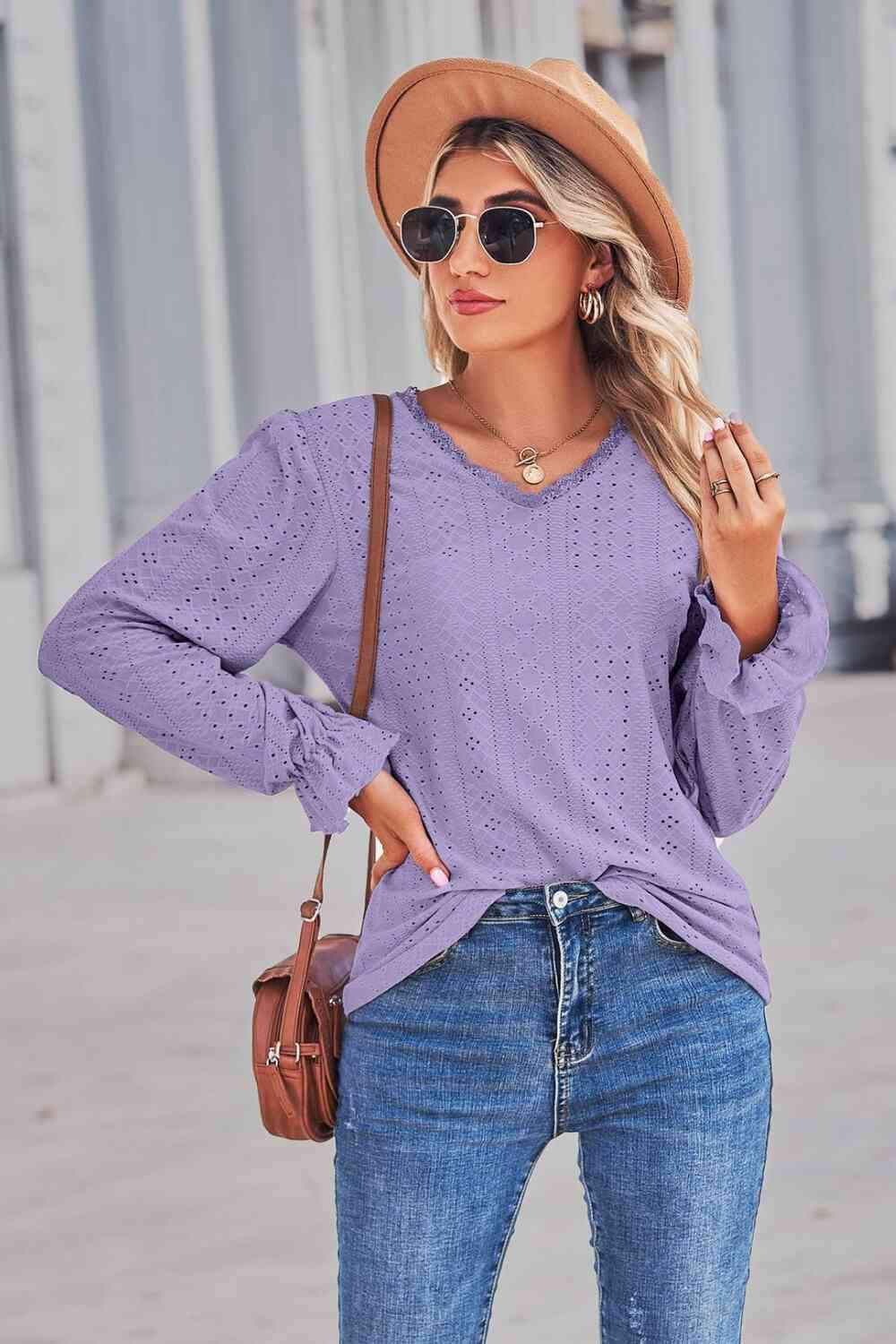 Lace Trim V-Neck Flounce Sleeve Top Blouses - Tophatter Daily Deals