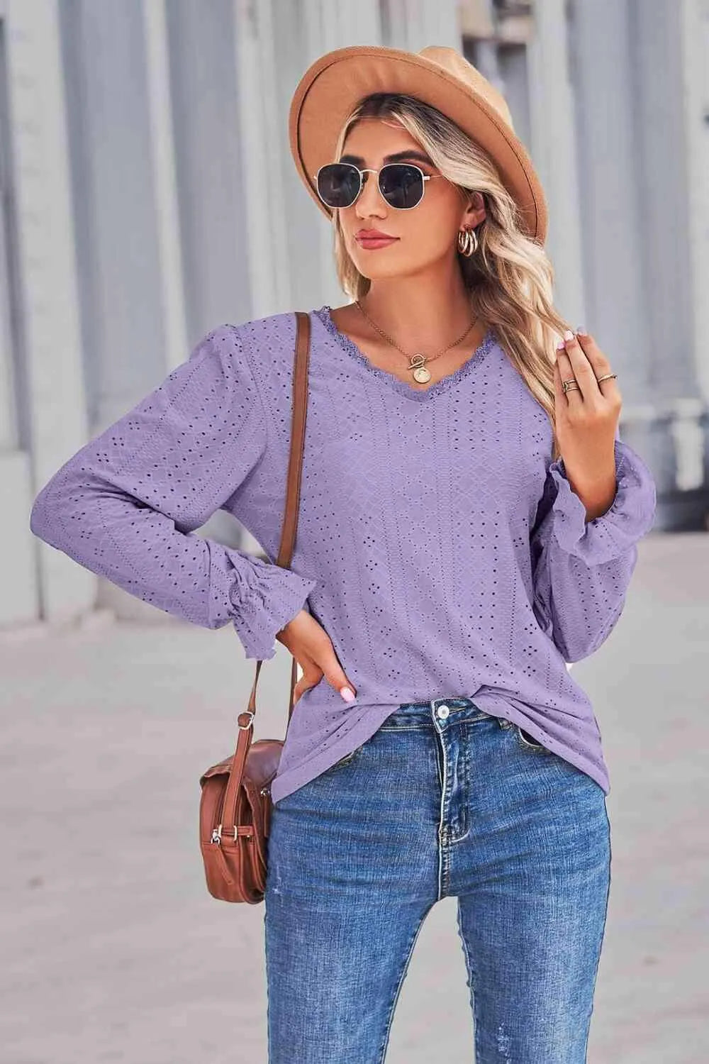 Lace Trim V-Neck Flounce Sleeve Top Blouses - Tophatter Daily Deals