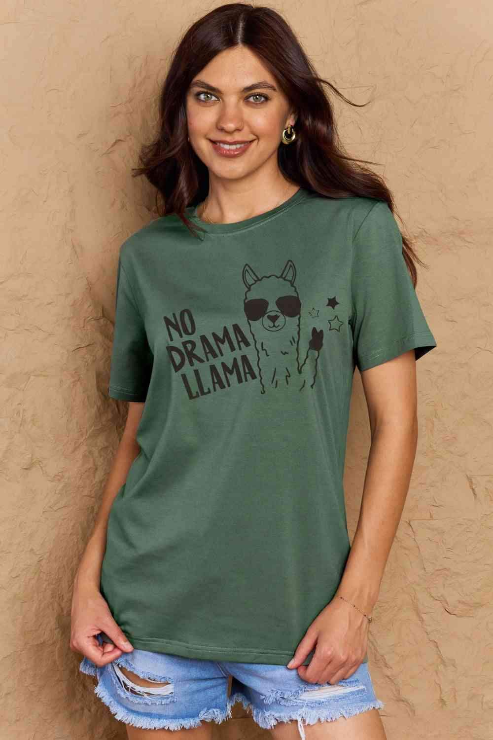 Simply Love Full Size NO DRAMA LLAMA Graphic Cotton Tee Green Women's T-Shirts - Tophatter Daily Deals