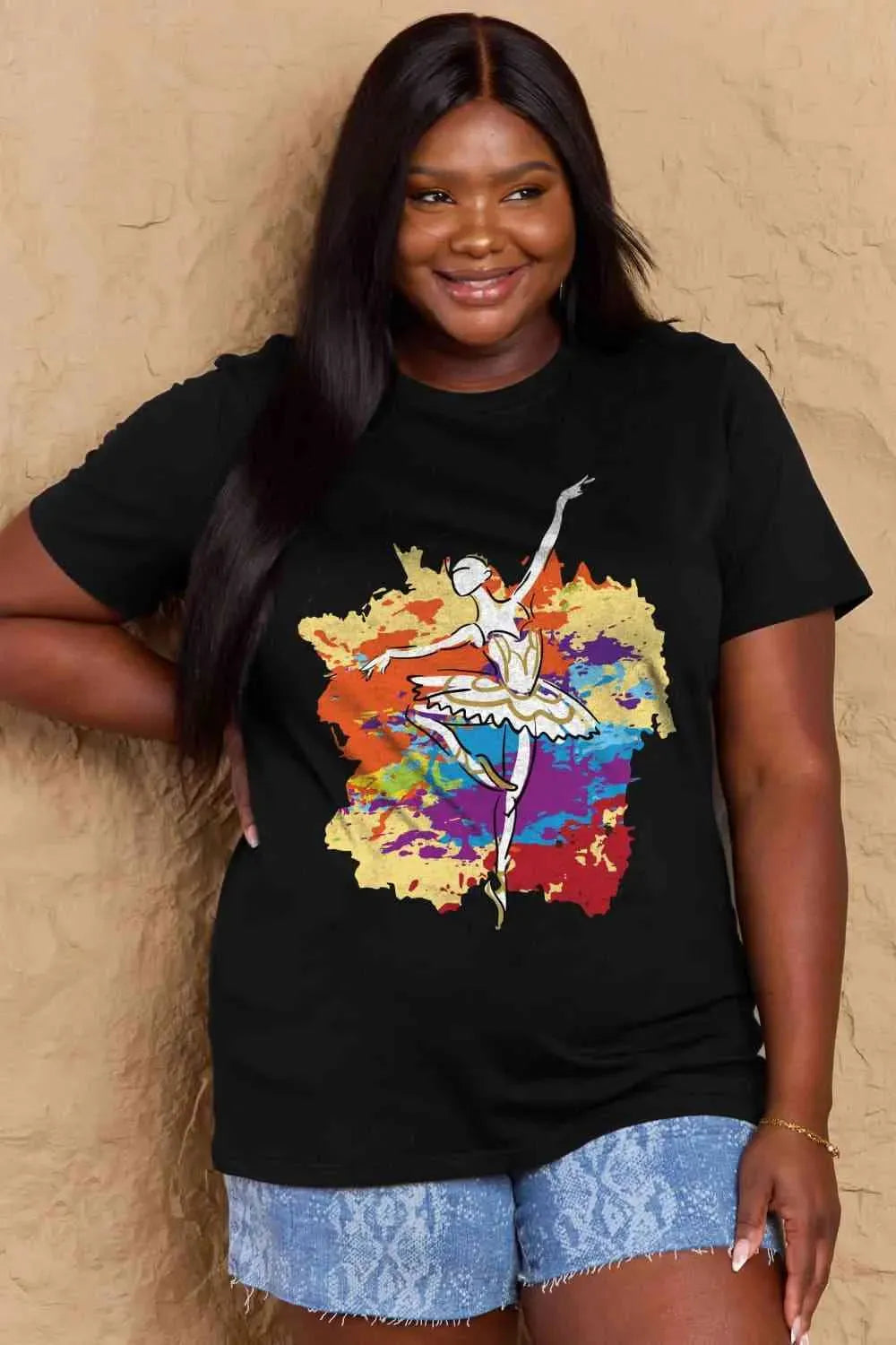 Simply Love Full Size Ballet Dancer Graphic Cotton T-Shirt Black Women's T-Shirts - Tophatter Daily Deals