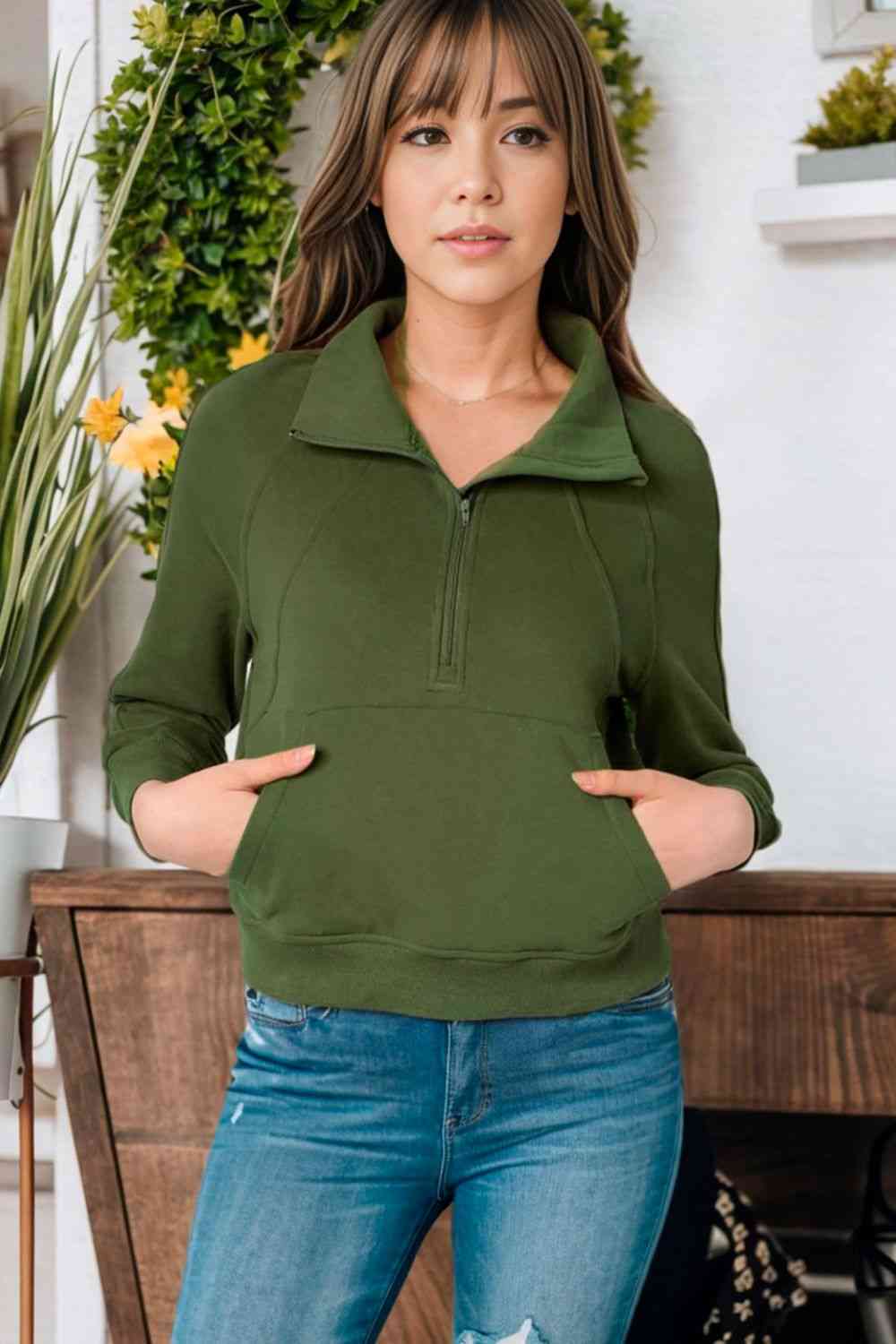 Zip-Up Collared Neck Raglan Sleeve Sweatshirt - Tophatter Deals