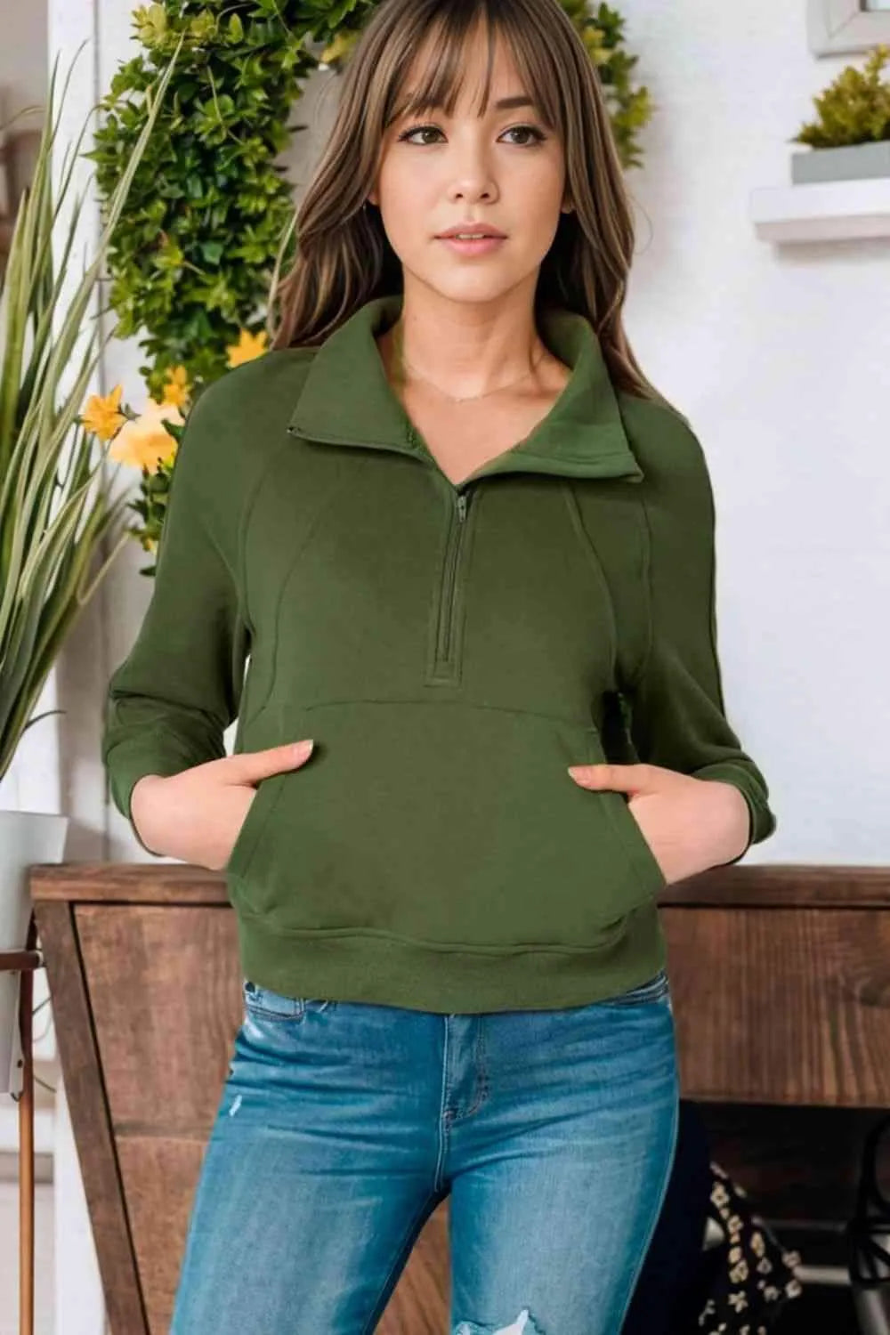 Zip-Up Collared Neck Raglan Sleeve Sweatshirt Blouses - Tophatter Daily Deals