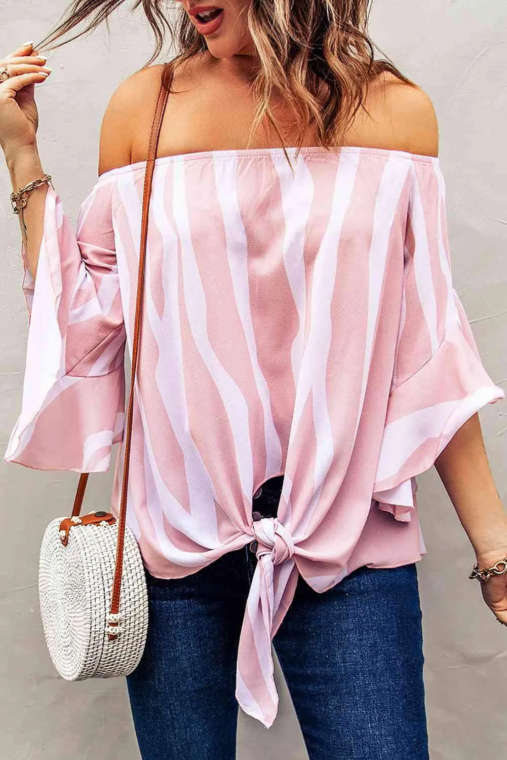 Striped Tie Front Flounce Sleeve Blouse Blouses - Tophatter Daily Deals
