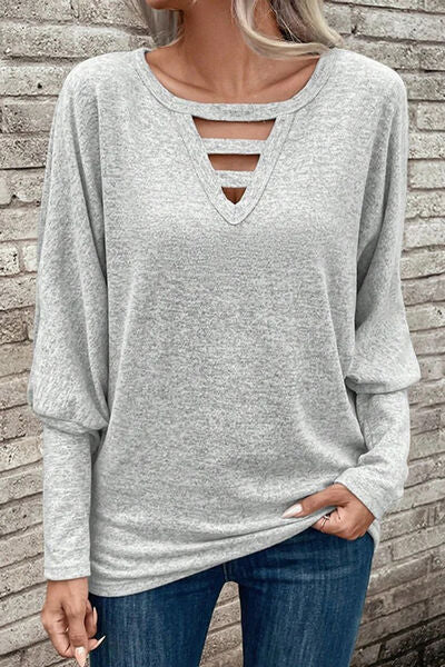 Cutout Round Neck Long Sleeve T-Shirt Light Gray Women's T-Shirts - Tophatter Daily Deals