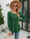 Smocked Round Neck Lantern Sleeve Blouse Green Blouses - Tophatter Daily Deals