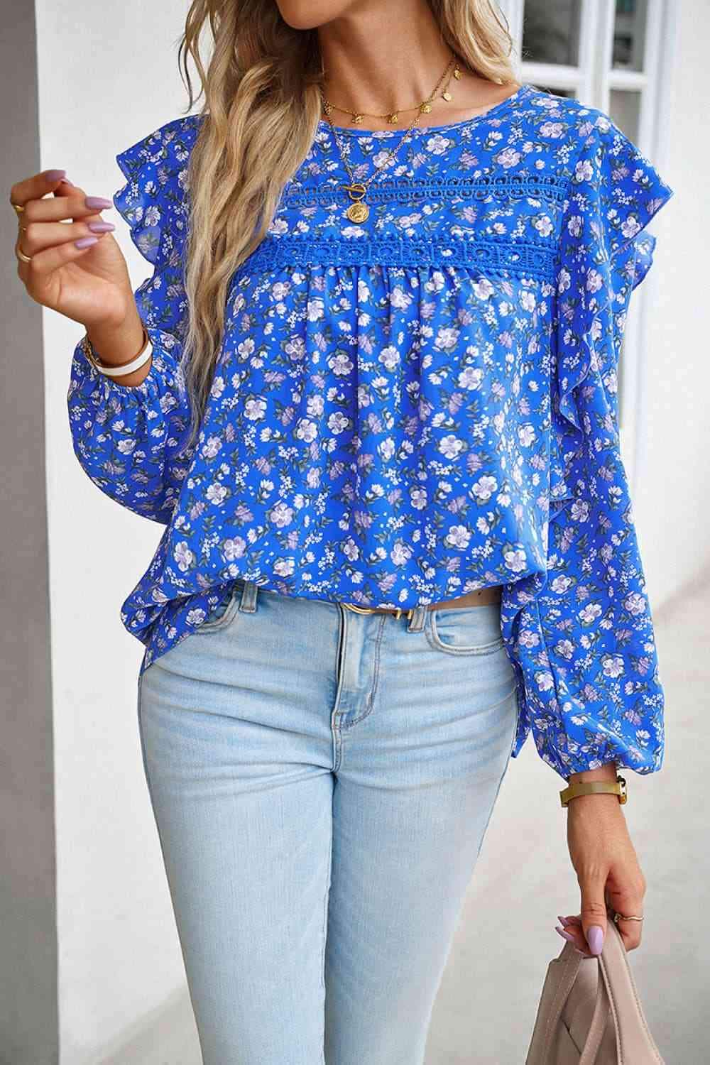 Printed Round Neck Long Sleeve Blouse Cobalt Blue Blouses - Tophatter Daily Deals