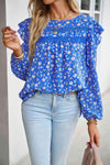 Printed Round Neck Long Sleeve Blouse Cobalt Blue Blouses - Tophatter Daily Deals