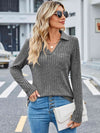 Ribbed Notched Long Sleeve T-Shirt with Pocket Women's T-Shirts - Tophatter Daily Deals