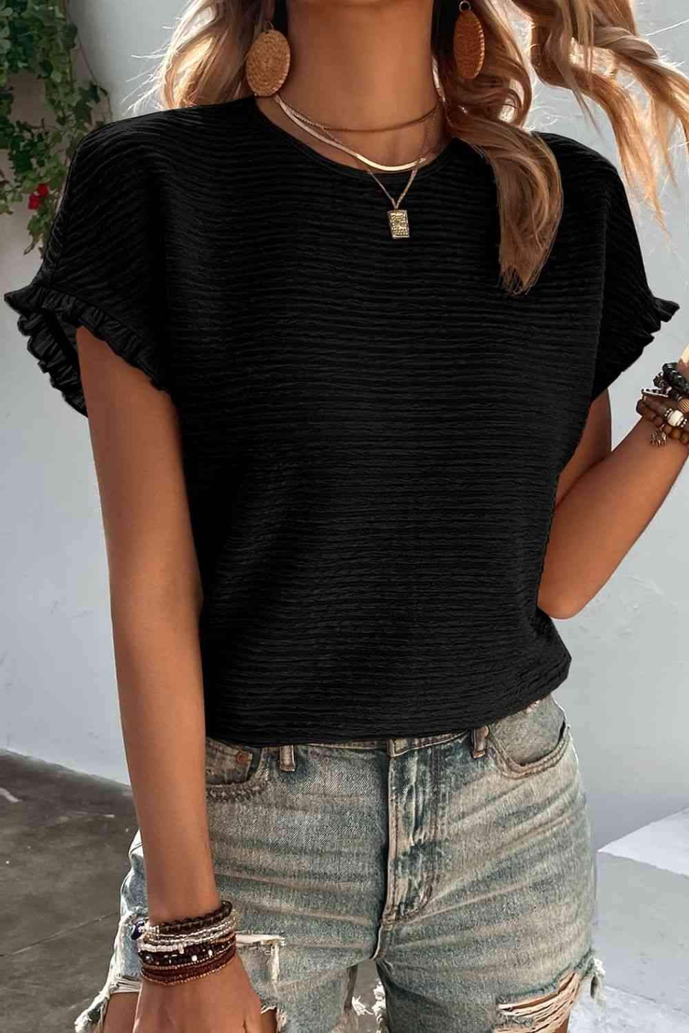 Textured Round Neck Short Sleeve Top Blouses - Tophatter Daily Deals