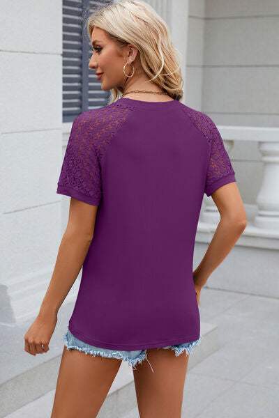 Openwork Round Neck Short Sleeve T-Shirt Women's T-Shirts - Tophatter Daily Deals