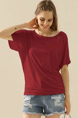 Ninexis Boat Neck Short Sleeve Ruched Side Top BURGUNDY Blouses - Tophatter Daily Deals