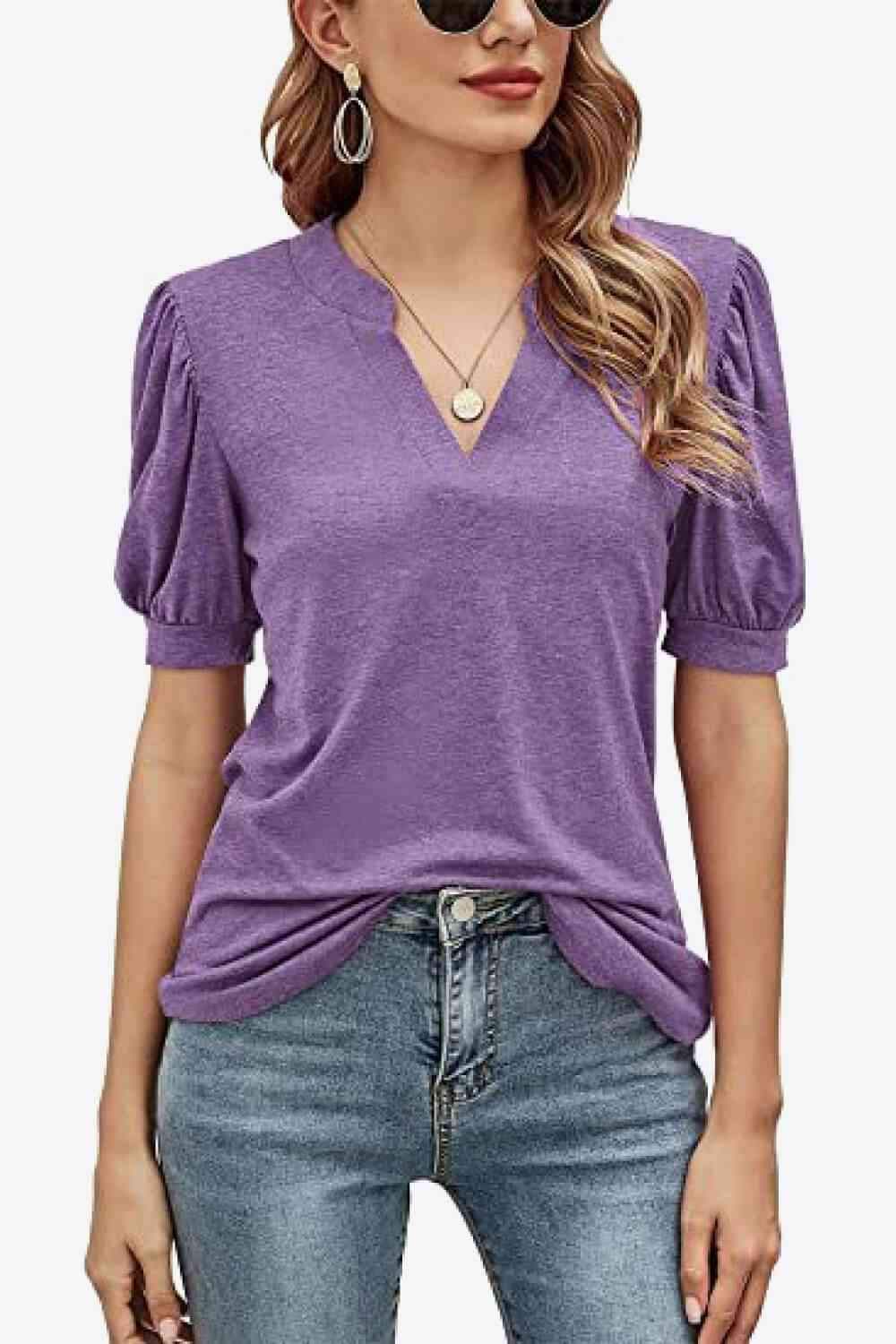 Notched Neck Puff Sleeve Tee Purple Women's T-Shirts - Tophatter Daily Deals