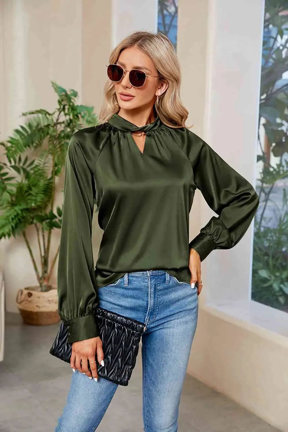 Cutout Mock Neck Long Sleeve Top Blouses - Tophatter Daily Deals