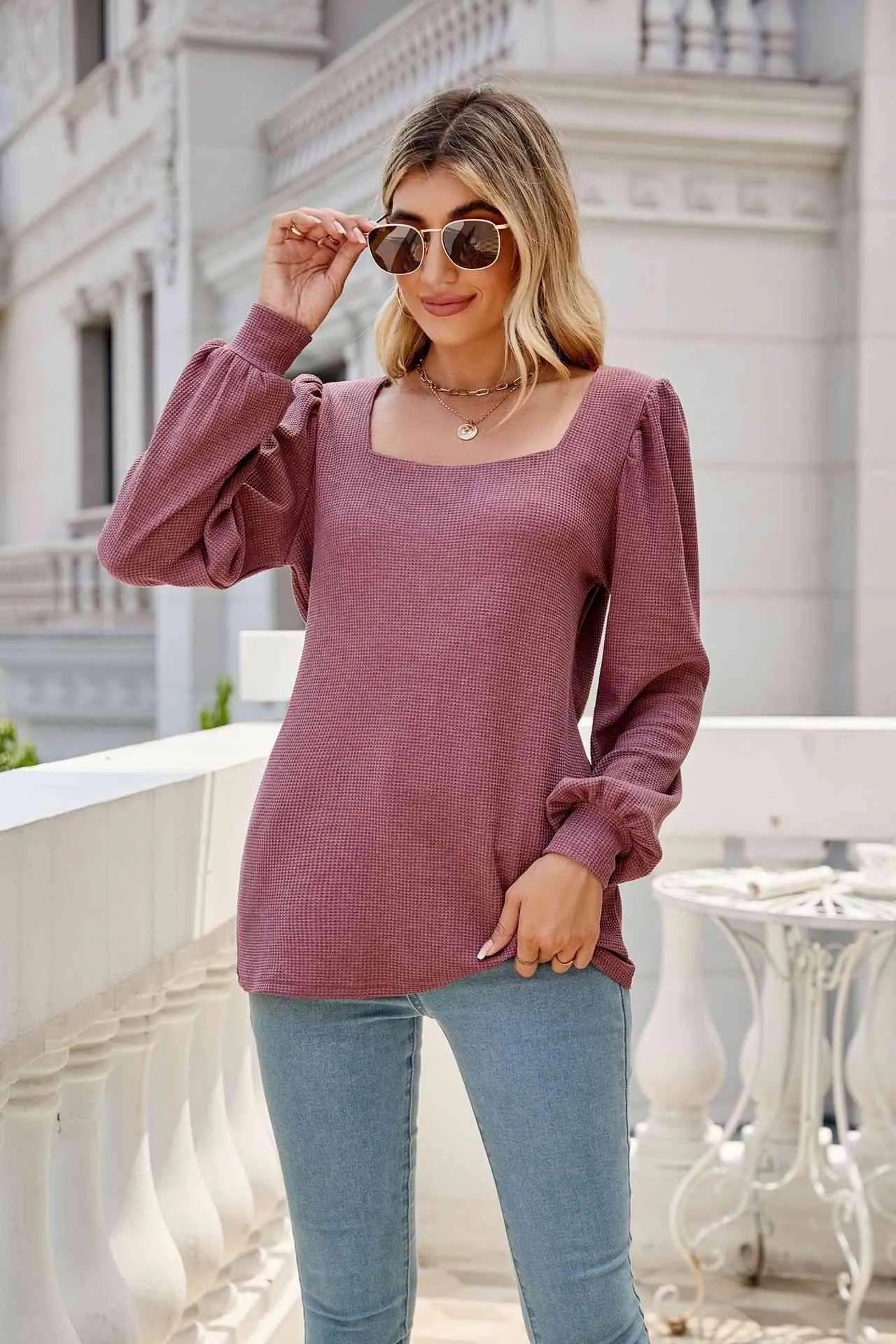 Waffle-Knit Puff Sleeve Square Neck Top Blouses - Tophatter Daily Deals