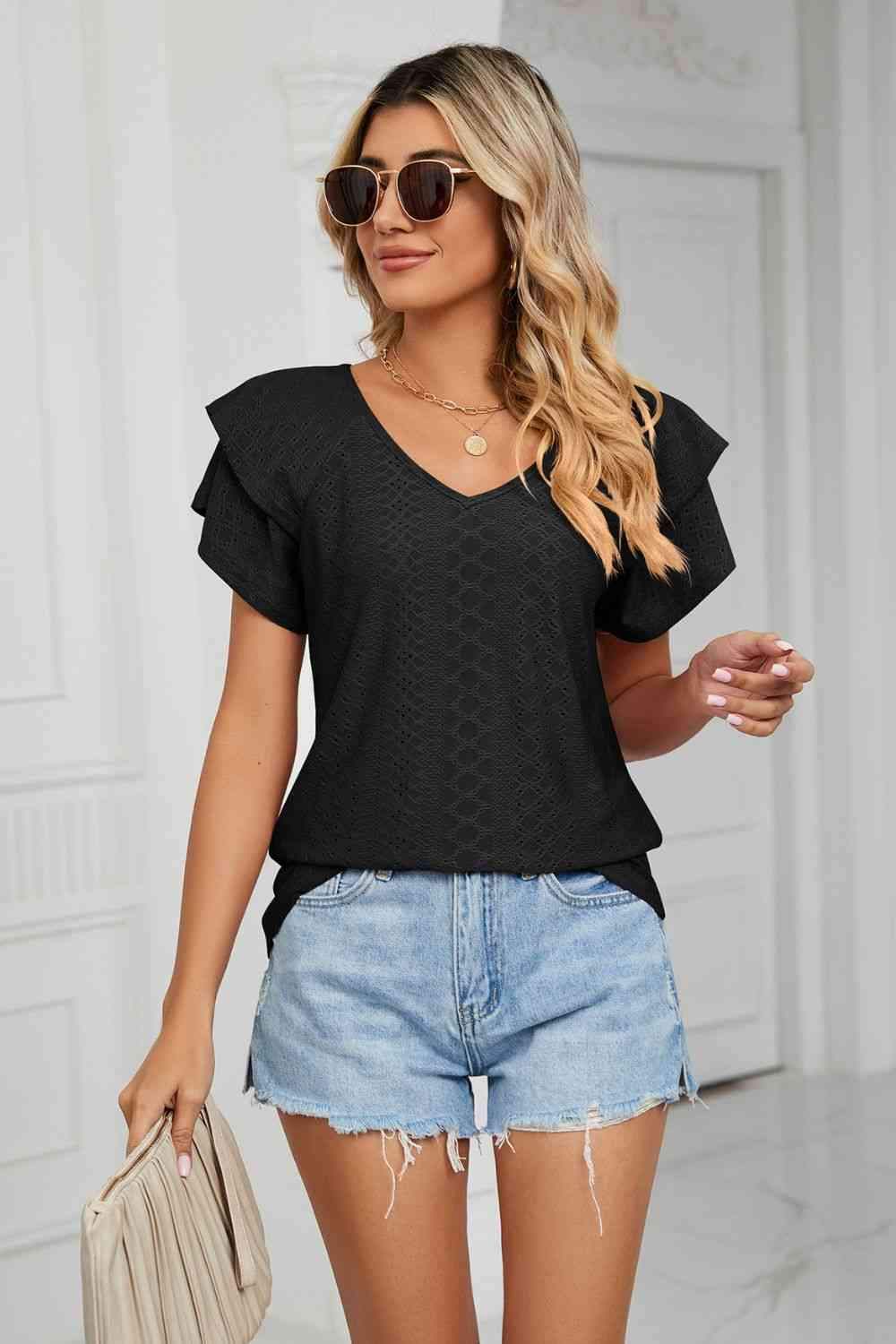 Eyelet Layered Flutter Sleeve V-Neck Knit Top Black Blouses - Tophatter Daily Deals