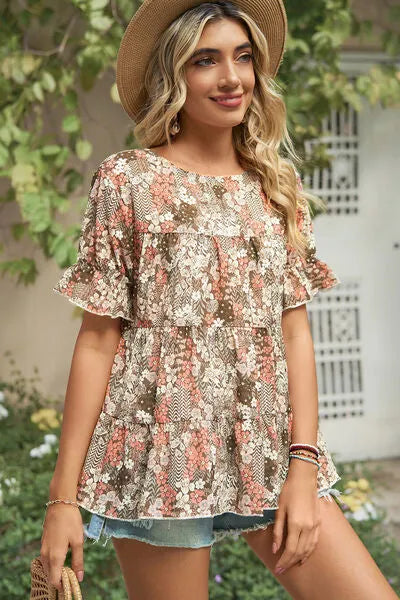 Floral Round Neck Short Sleeve T-Shirt Women's T-Shirts - Tophatter Daily Deals