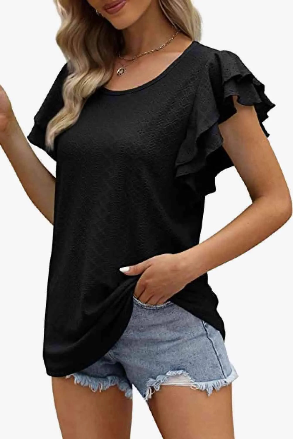 Round Neck Layered Flutter Sleeve Blouse Blouses - Tophatter Daily Deals