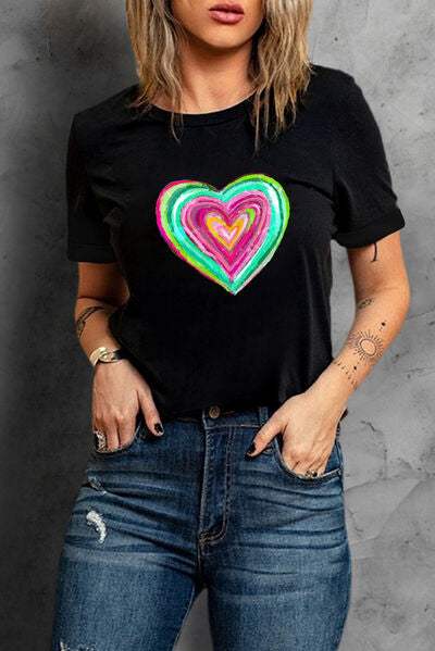 Heart Round Neck Short Sleeve T-Shirt Women's T-Shirts - Tophatter Daily Deals