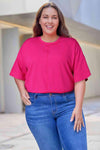 Plus Size Round Neck Dropped Shoulder Tee Hot Pink Women's T-Shirts - Tophatter Daily Deals