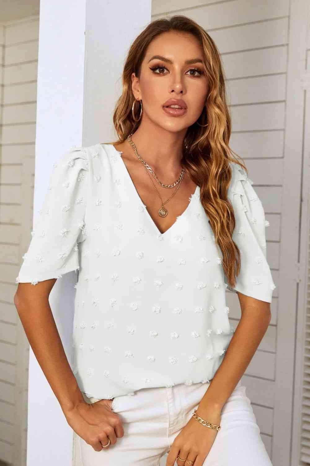 Swiss Dot V-Neck Puff Sleeve Blouse Blouses - Tophatter Daily Deals