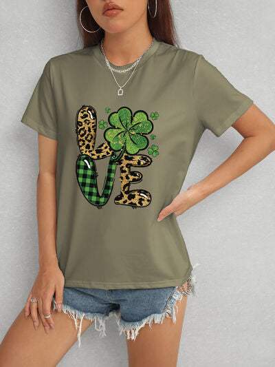 LOVE Round Neck Short Sleeve T-Shirt Army Green Women's T-Shirts - Tophatter Daily Deals